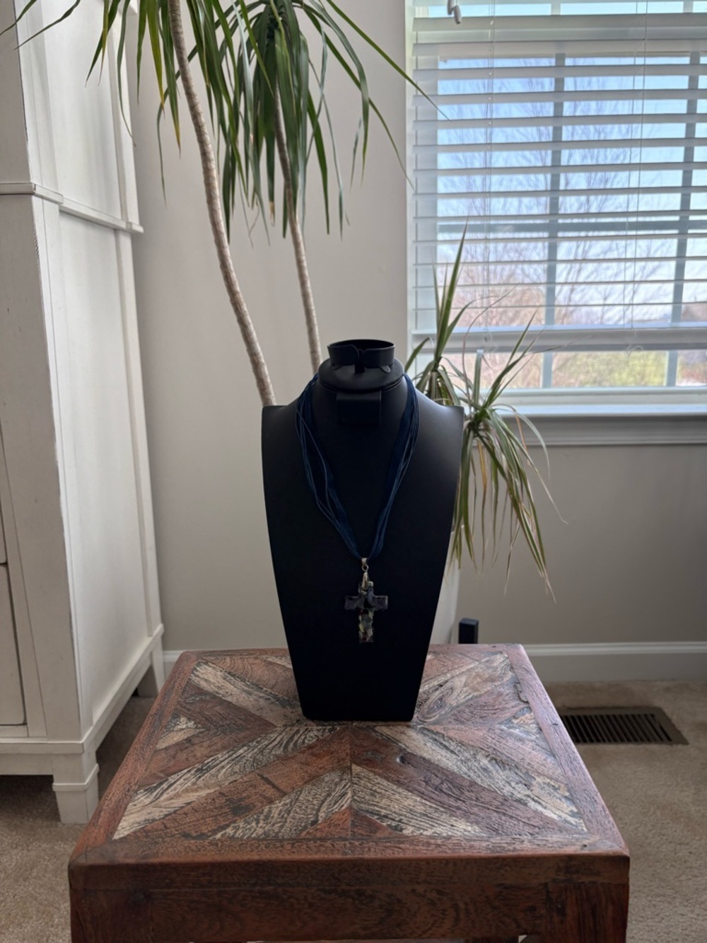 Unmarked Hand Blown 2" Navy Blue Glass Millefiori-Style Cross Necklace - Picture 2 of 6